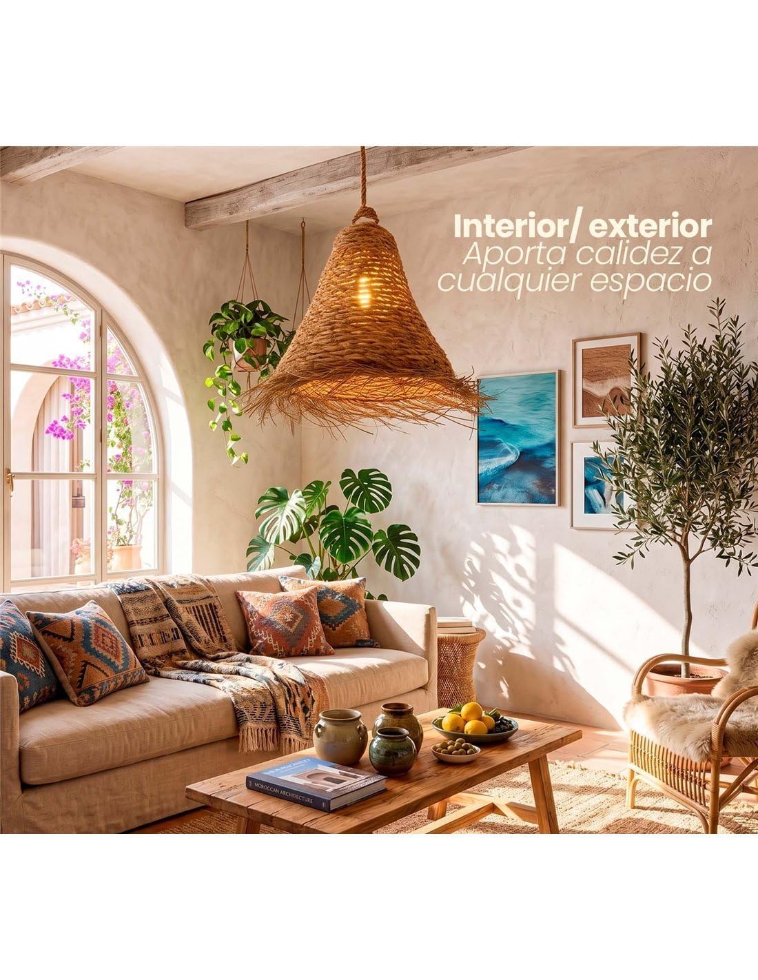 JARDIN202 - Pantalla para Lámpara de Esparto con Flecos | Diseño Malasia Artesanal | Interior y Exterior Techado | (Mediana)