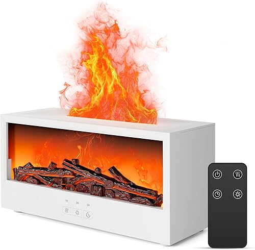 Fireplace Flame Air Diffuser Humidifier,7 Colors Aromatherapy Essential Oil Diffuser, Ultrasonic Aroma Humidifier with Remote Control & Timer for Bedroom, Home, Office, Yoga (White)