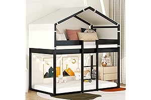 Twin House Bunk Bed with Tent, Farmhouse Bunk Bed with Ladder and Trundle