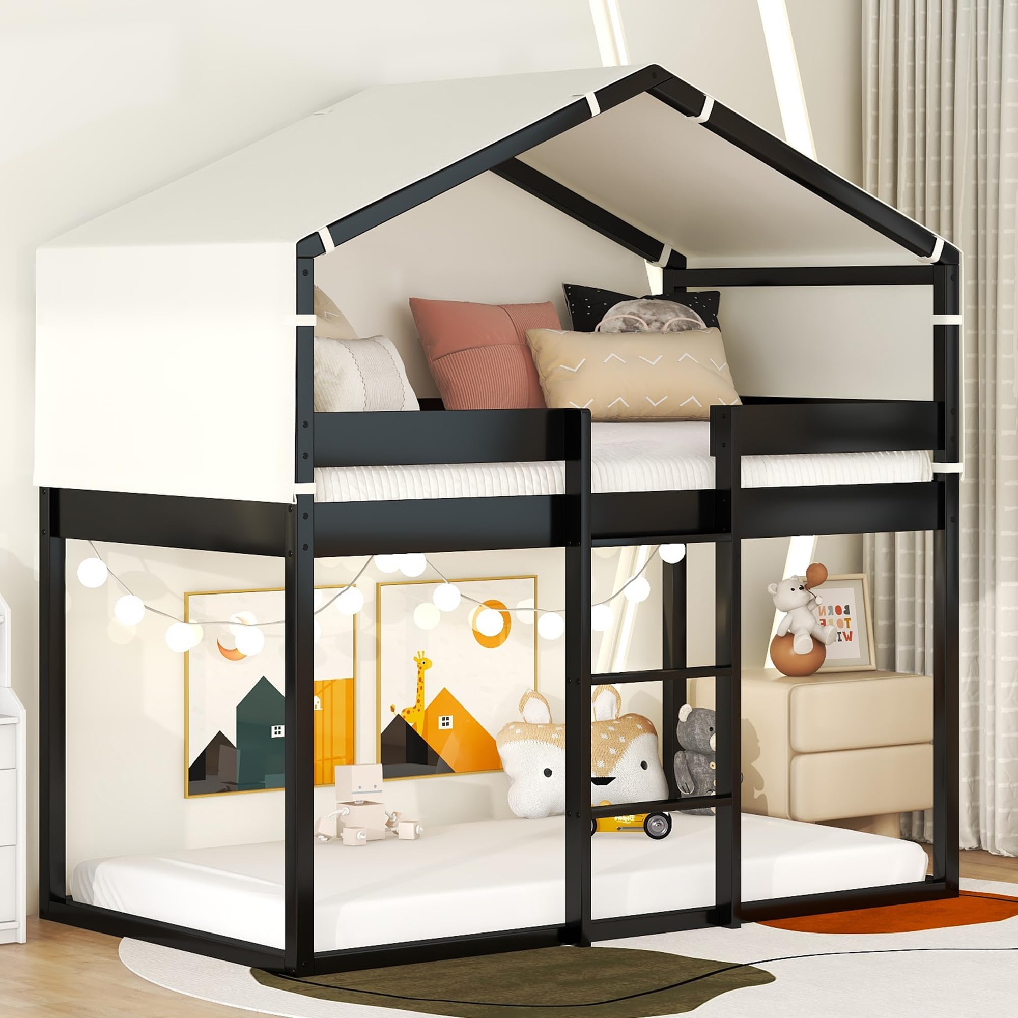 House Bunk Bed Twin Over Twin, Twin Bunk Beds with Ladder, Tent and Guardrail, House Bunk Beds for Kids, Girls, Boys, Espresso