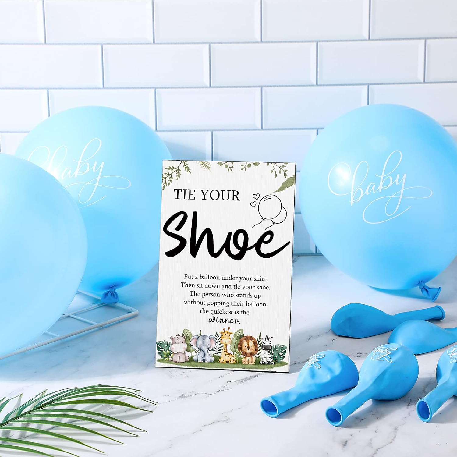 Roowest 51 Pcs Tie Your Shoe Baby Shower Game Sign,Blue,Safari image 4
