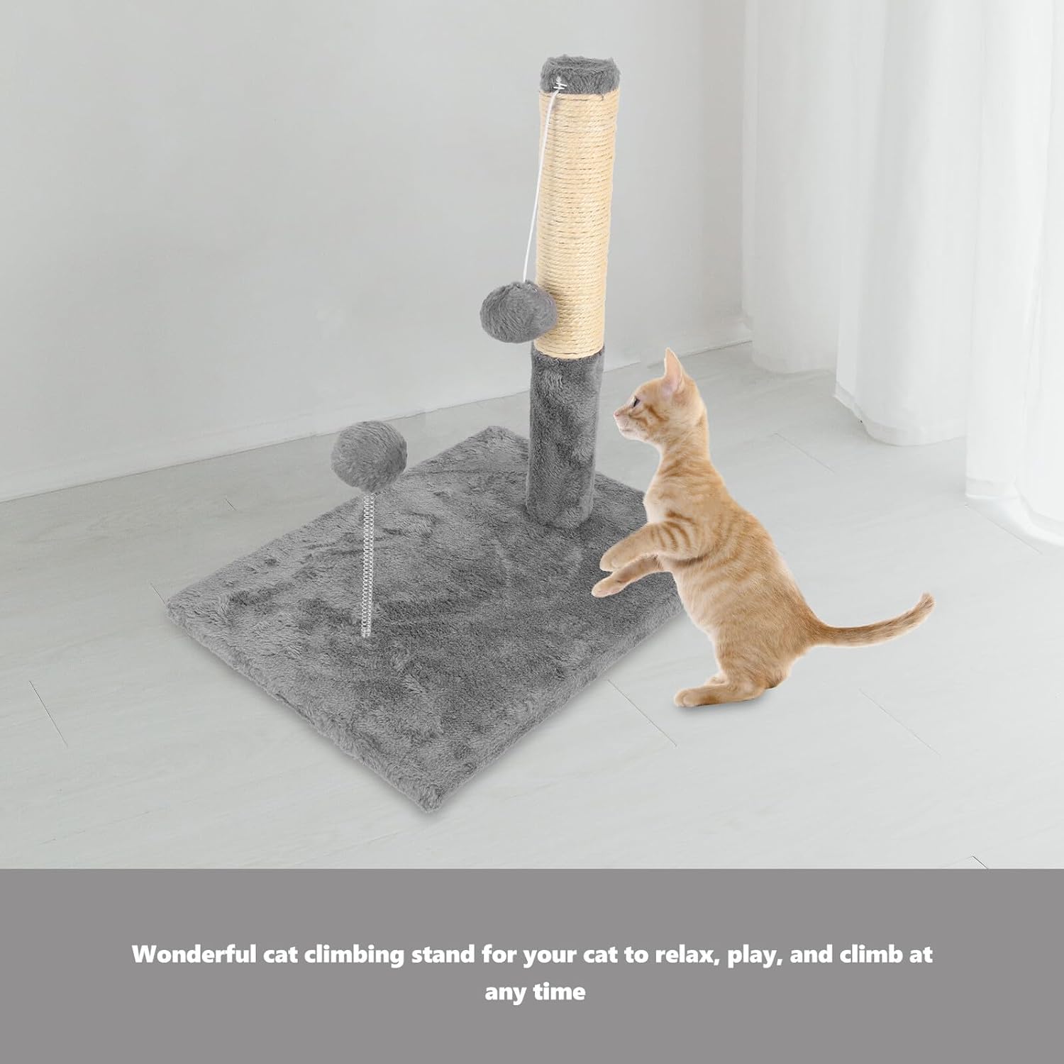 Integrated Sisal Cat Scratching Post Large Wear-Resistant Vertical Kitten Scratcher with Gray Cat Condo