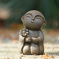Vista 11 de OwMell Estatua japonesa del monje de Jizo, figura de Buda Jizo, estatua conmemorativa del acuario – Sonriente