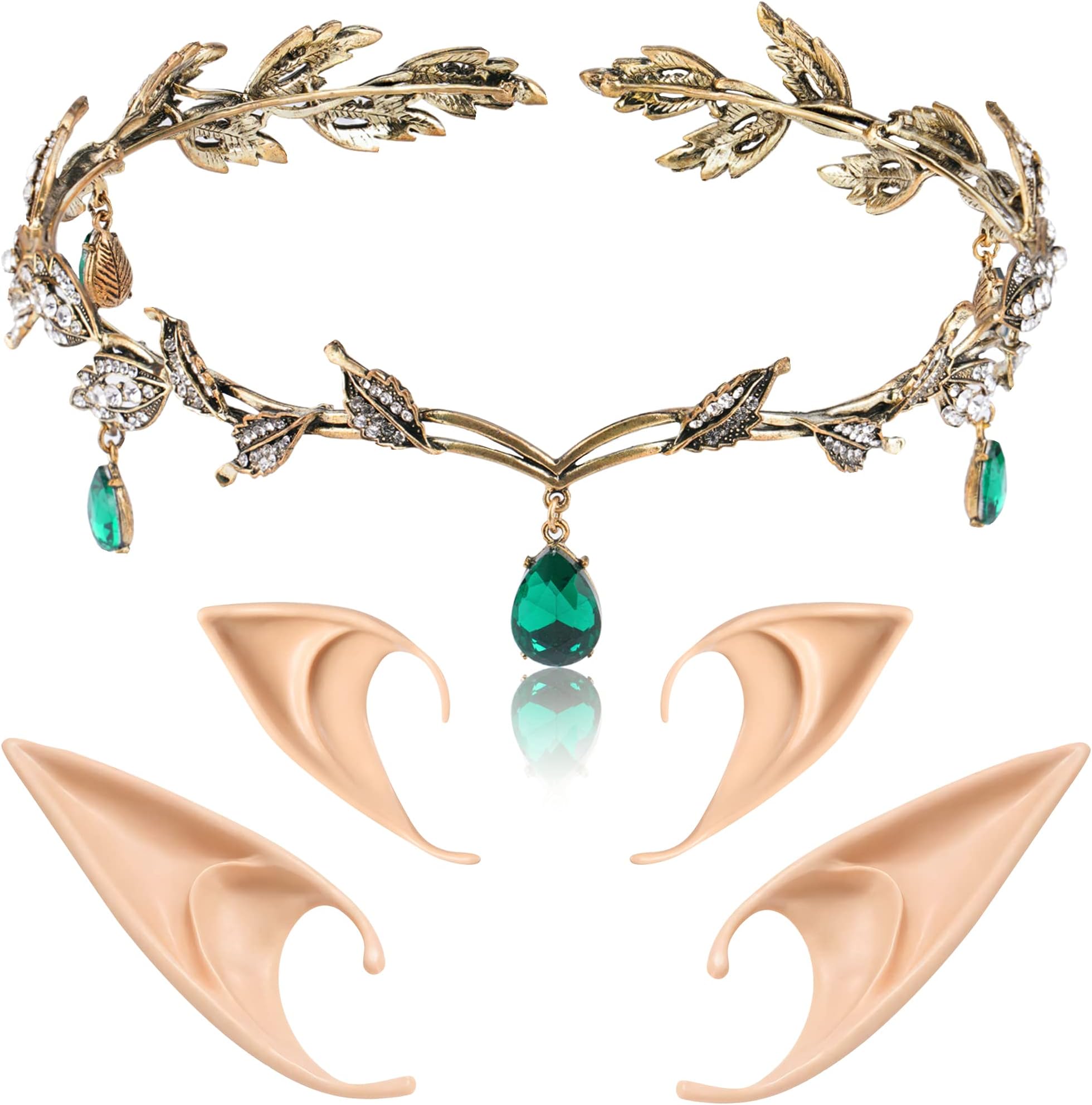 FRESHME Elf Ears with Crown Set, Soft Fairy Ears and Crystal Crown Headband for Women Halloween Cosplay Costume Party