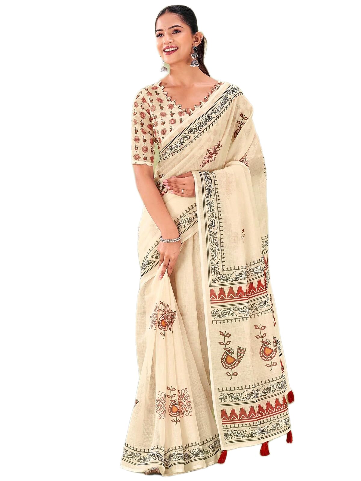 siril Women's Cotton Linen Kalamkari Printed Tassels Saree with Unstitched Blouse Piece-picture-14