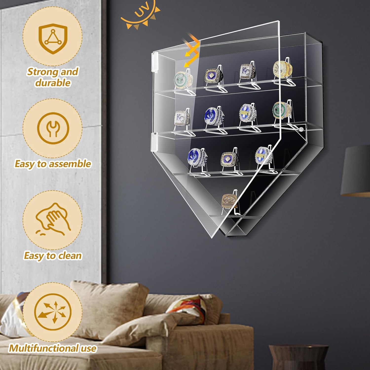 Remuuly Championship Ring Display Case 12 Posts Baseball Ring Holder Football Basketball Softball Display Box with Clear Magnetic Acrylic Door Wall Mount Sports Award Trophy Case(Classic)