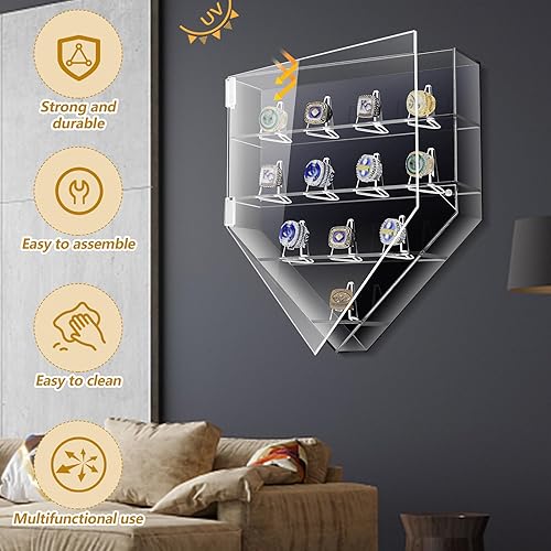 Miniatura 4 de Remuuly Vitrina para anillo de campeonato, 12 postes de anillo, soporte para anillo de béisbol, baloncesto, softbol, caja de exhibición con puerta