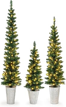 GOFLAME Set of 3 Pre-Lit Potted Christmas Trees, Artificial Pencil Christmas Tree Set 3Ft, 4Ft and 5Ft with Warm White LED Lights, Timer, Holiday Decoration Tree for Home Party