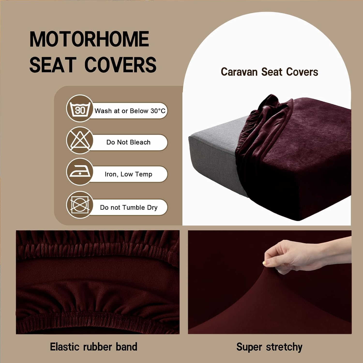 RV Dinette Cushions Covers Stretch Velvet Non-Slip Camper Sofa Cushion Cover with Straps Replacement Couch Cover for Caravan Bench (Wine red,W 51-63 in, D 26-35 in)