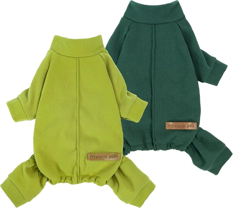 Pijama de fleece para cães pequenos Fitwarm, macio e flexível, 2 unidades, Amarelo/Verde e Verde-escuro, tamanho Pequeno