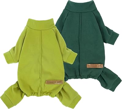 Fitwarm 2 Pack Lightweight Fleece Dog Pajamas, Warm Winter Clothes for Small Dogs Boy Girl, Cozy Pet Onesie with Feet, Yellow Green, Dark Green, XS