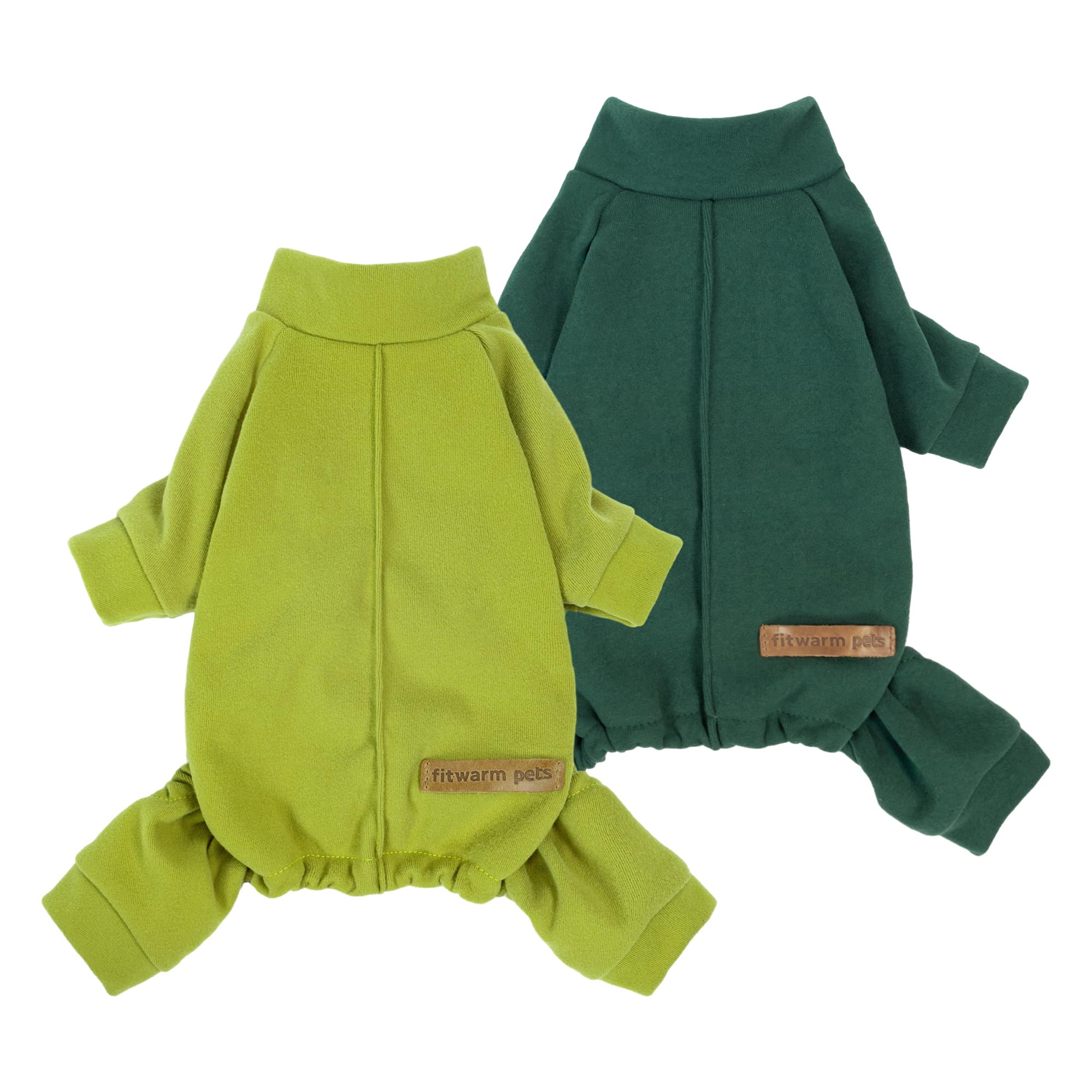 Fitwarm 2 Pack Lightweight Fleece Dog Pajamas, Warm Winter Clothes for Small Dogs Boy Girl, Cozy Pet Onesie with Feet, Yellow Green, Dark Green,