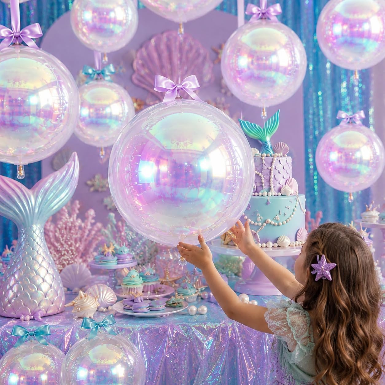 12 globos redondos iridiscentes de papel de aluminio, 22" 15" 10" globo transparente 4D, globos holográficos para cumpleaños, boda, arcoíris plegable bajo el mar, decoración de fiesta de sirena