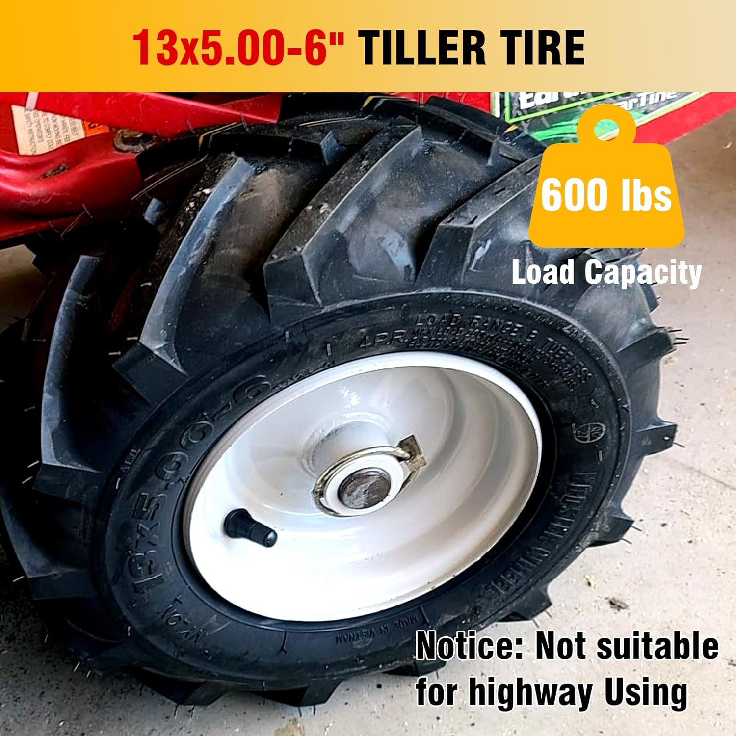13x5.00-6" Tiller Tire and Wheel 2 Pack 1 Inch Hub 3-1/8" Centered Hub Length Agriculture Super Lug Tractor & Trencher Tire Replacement