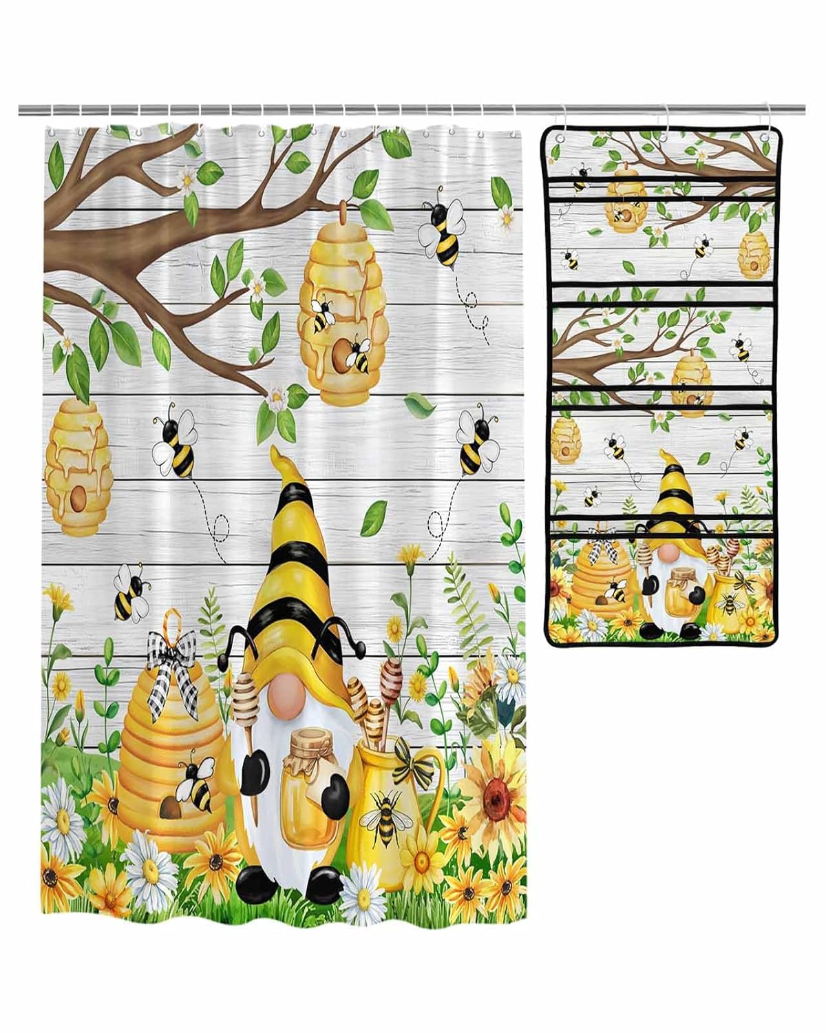 Decorative Shower Curtain Sets Summer Bee Wood Grain Fabric Waterproof Shower Curtains Watercolor Gnomes Sunflowers Leaf Green Mesh