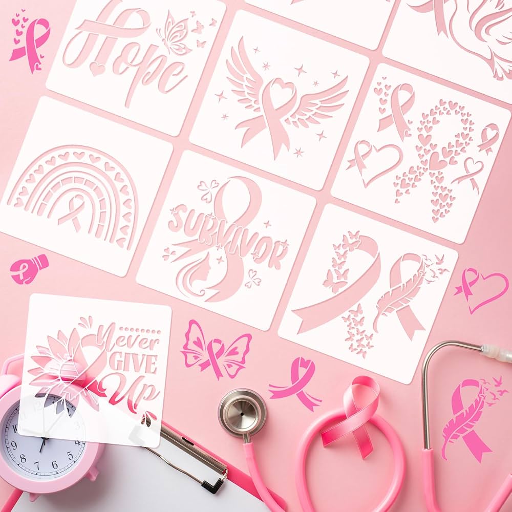 HOWAF Lot De 16 Pochoirs Réutilisables Octobre Rose – Rubans Roses & Messages D'Espoir Pour Peinture, Sensibilisation Cancer Du Sein, Plastique PET Durable 15x15 Cm