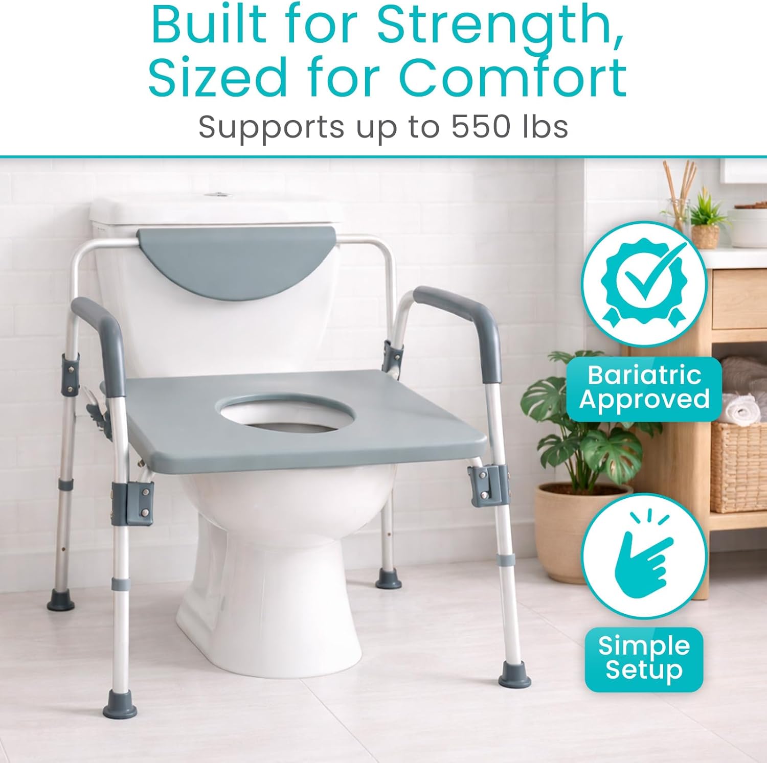 Vive Bariatric Bedside 4-in-1 Commode 550 lb Capacity - Bariatric Shower Chair & Portable Toilet - Heavy Duty Toilet Riser & Safety Frame - Extra Wide Padded Seat w/ 6-Quart Bucket & Splash Guard