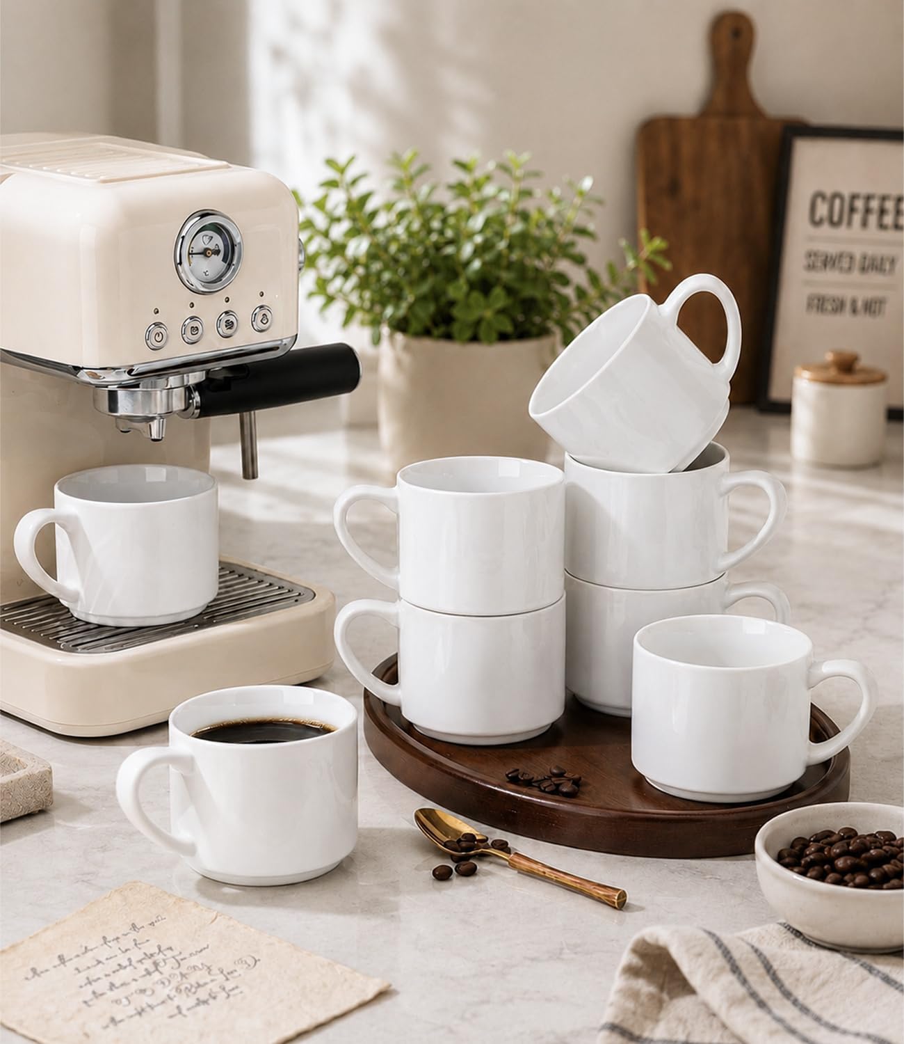 GBhome 14 OZ Coffee Mugs Set of 6, Stackable White Coffee Cups Set image 4