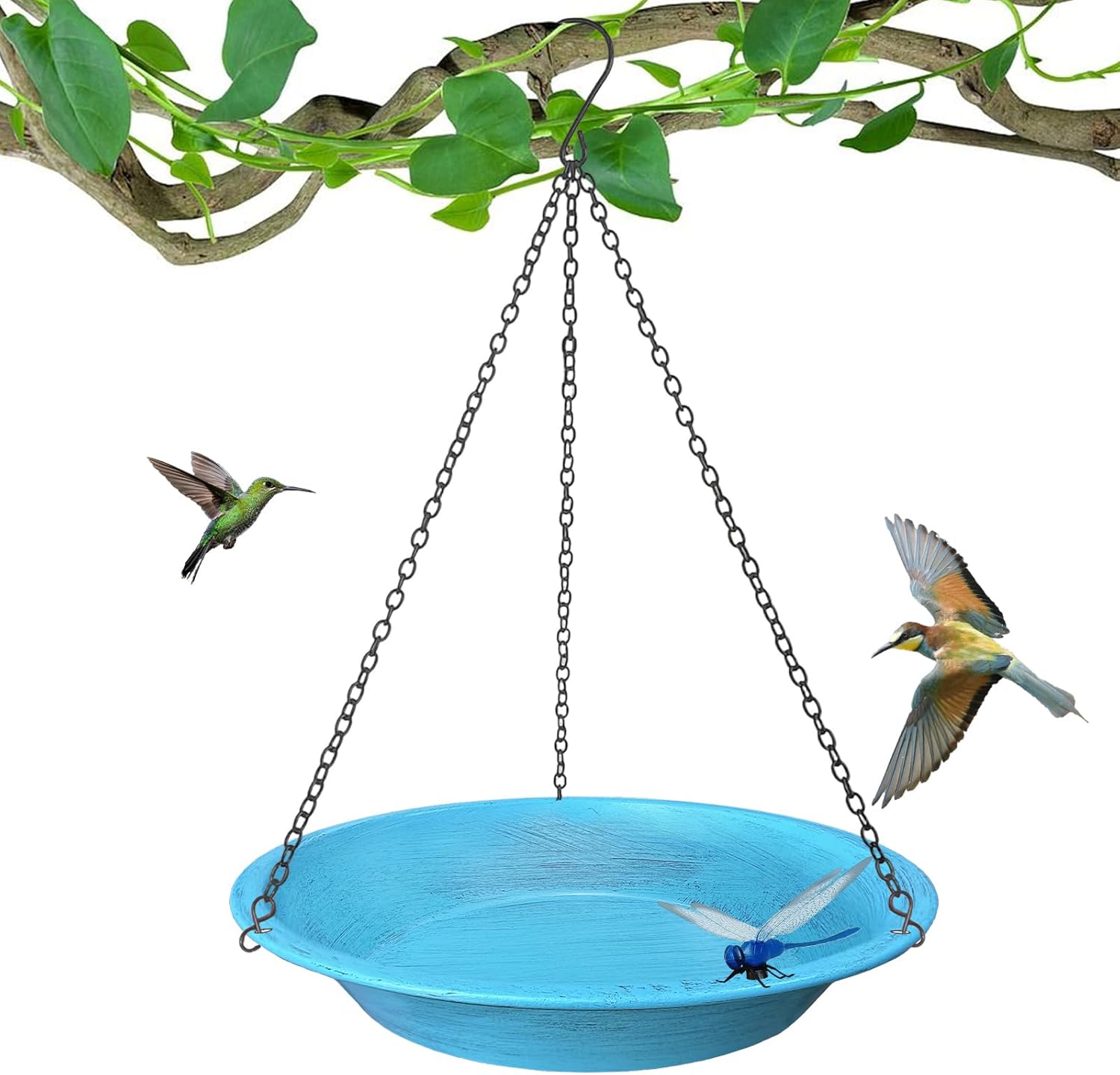WANGIRO 11.4" Hanging Bird Bath & Feeder with 13.5" Rust-Proof Chains - Vintage Blue Metal for Garden, Patio, Balcony