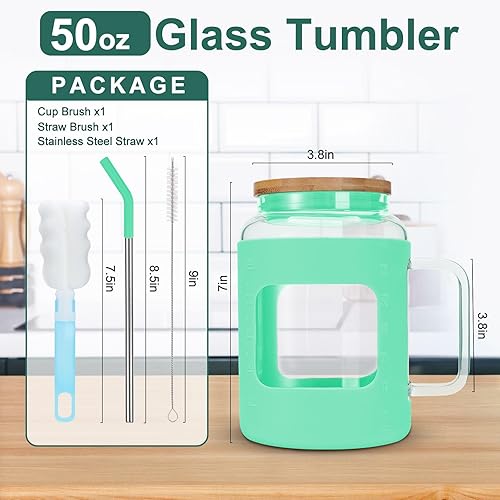 Miniatura 5 de Vaso de vidrio de 50 onzas con tapa y popote, botellas de agua de vidrio con asa y funda de silicona, taza de café helado con máquina de tiempo,