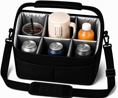 Bolsa Portabebidas Aislada para 6 Vasos o Botellas, Organizador de Bebidas con Divisores Extraíbles, Correa de Hombro y Bolsillo Frontal, Ideal para Café, Bubble Tea, Botellas de Agua y Picnic,negro