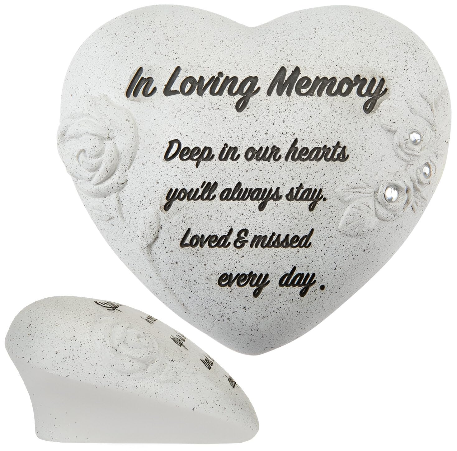 Quickdraw Supplies In Loving Memory Grave Ornament Heart Memorial with Diamantes & Embossed Roses – Graveside Headstone Decoration for Mum Dad Nan Grandad, Stone Effect Cemetery Tribute Keepsake