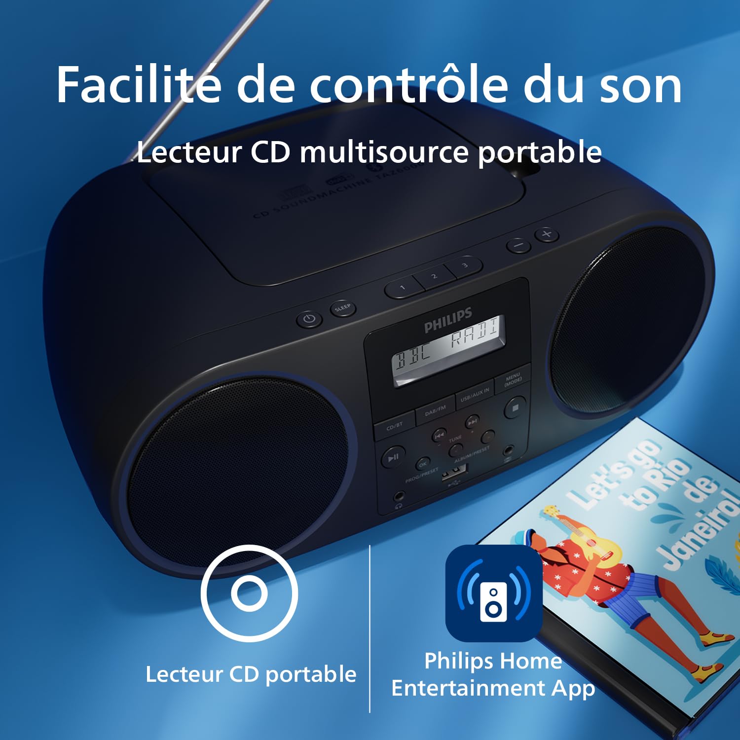 Philips TAZ6000 Lecteur CD/Radio FM Tout-en-Un DAB+ Bluetooth 5.4 USB Batterie CA Amplification Dynamique des Basses