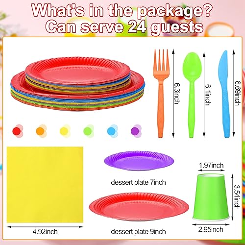 Miniatura 2 de Jinei Juego de 168 piezas desechables de suministros de fiesta arcoíris de 7 pulgadas y 9 pulgadas, platos de papel coloridos servilletas, vasos,