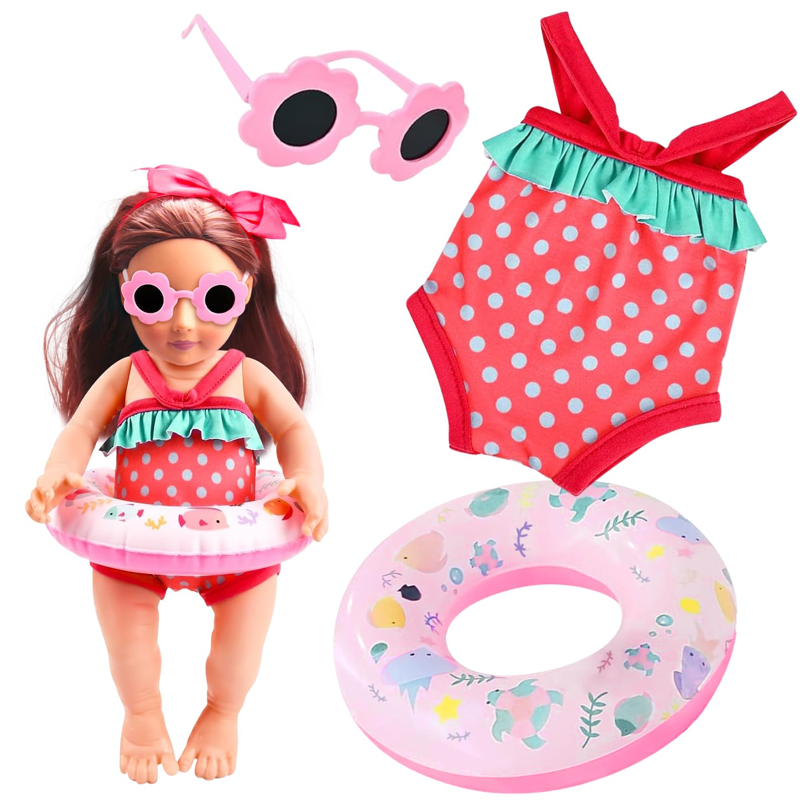 Schwimmset für Puppen, Sommer Puppenkleidung, Puppenzubehör mit Badeanzug Schwimmring Sonnenbrille Clogs für 35-45 cm Puppen (A)