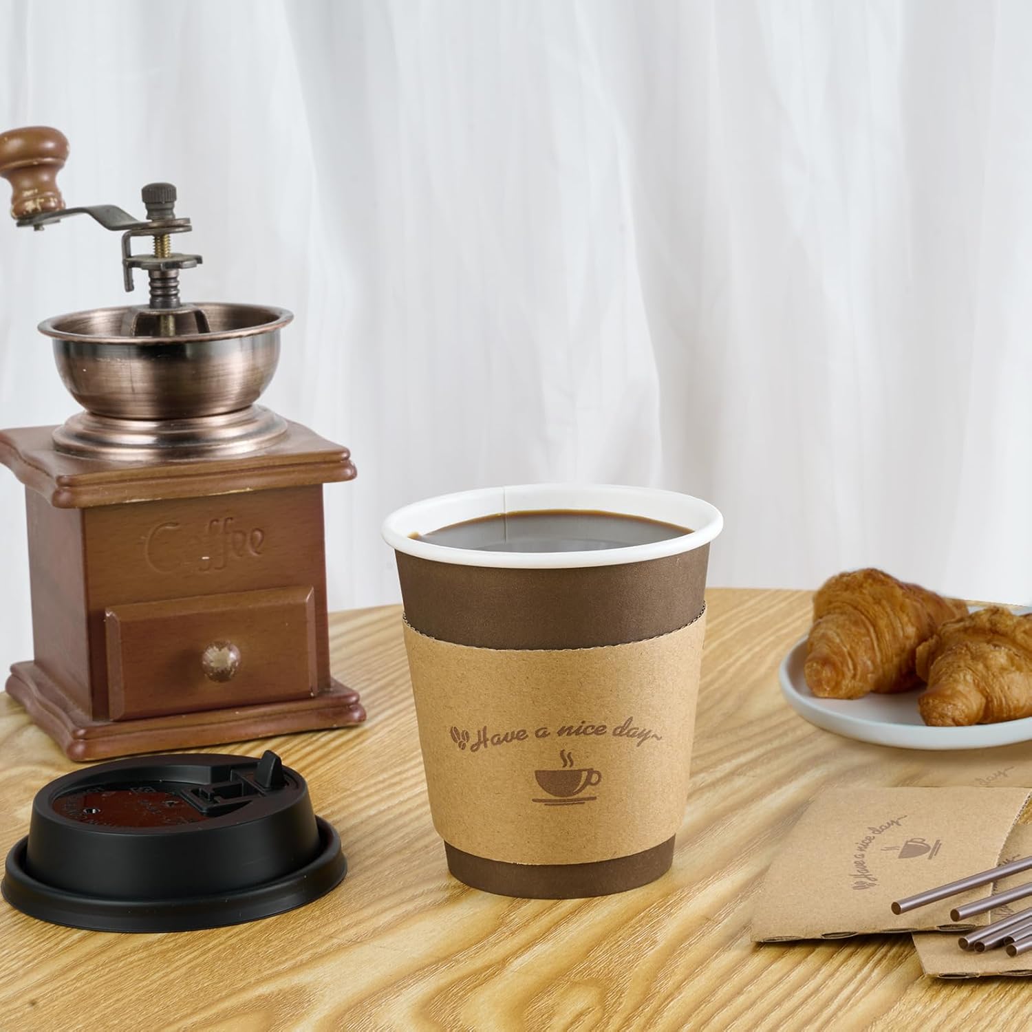 LITOPAK 100 Pack 10 oz Paper Coffee Cups with Lids, Sleeves, and Stirring Sticks for Coffee, Water, or Juice, Browm 10 Ounce Disposable Hot Paper Cups for Cafes, schools, offices, shops - Image 5