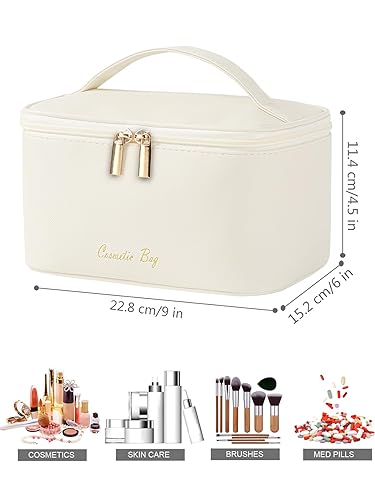 Miniatura 3 de Linda bolsa de maquillaje pequeña para mujeres, bolsa mediana para artículos de aseo, impermeable, organizador (beige claro)