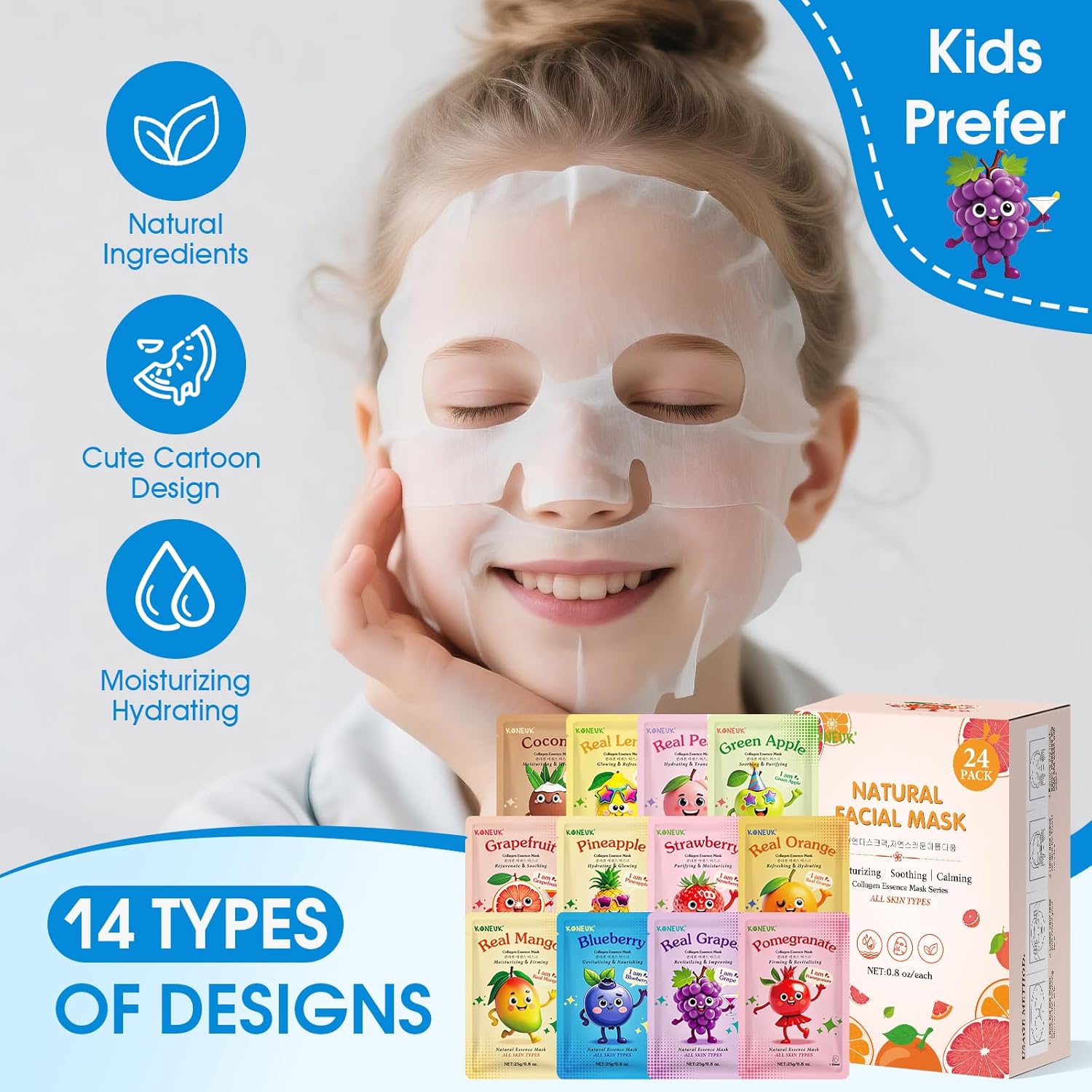 KONEUK 24 Pack Fruit Kids Face Mask, Collagen Hydrating Face Masks Skincare for Teens Girls, Skin Care for Kids, Spa Party Supplies and Bulk Birthday Gifts for Women, Mothers Day Gifts