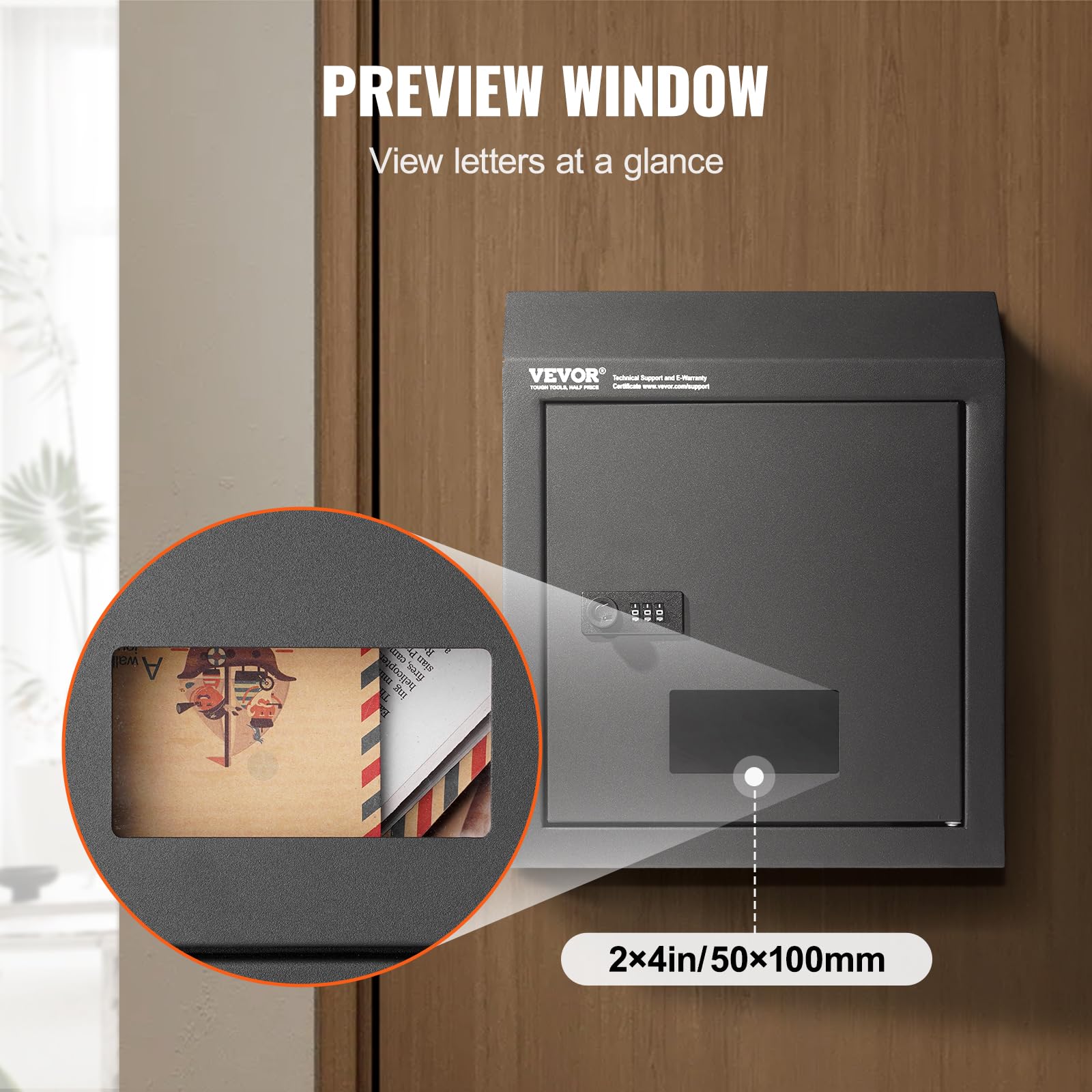 VEVOR Skrzynka pocztowa do zabudowy, 305 x 155 x 360 mm, skrzynka pocztowa przez drzwi, 43 mm, solidna stal, szyfrowy zamek szyfrowy do listów, kluczy, domu, biura, czarna