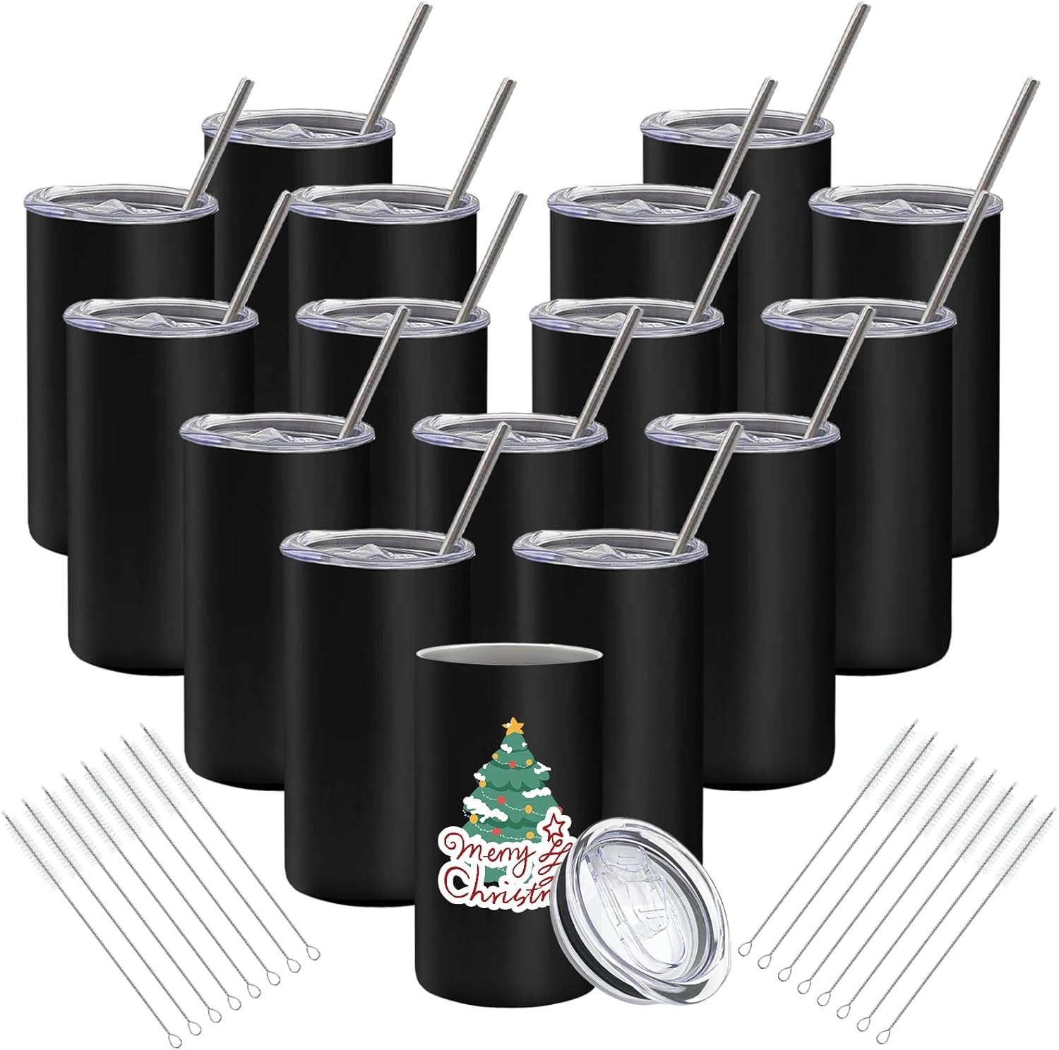 16 Pack Tumblers Blanks Bulk Skinny Straight Tumbler Stainless Steel Double Wall Insulated Water Bottles with Lid & Straw for DIY Gift, 12oz Black