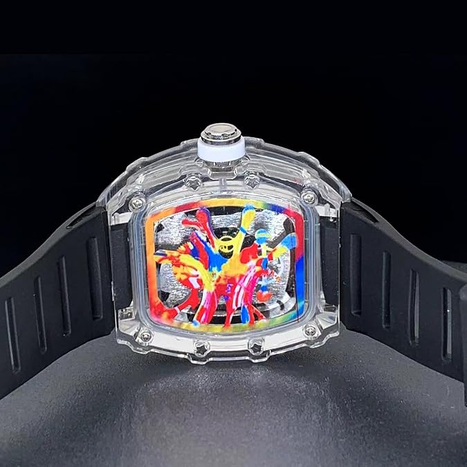 PINTIME Mens Luxury Tonneau Fashion Hallow Punk Graffiti Art Dial Hip-hop Unique Sports Wrist Watch Japanese Movement Luminous Design with Silicone Band
