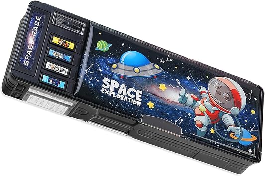 Pop-Up Multifunctional Pen Case for Elementary School Students, Cute Cartoon Pen Box Organizer with Sharpener, Whiteboard, School Supplies, Double-Sided Opening, Pencil Case, Black, Modern