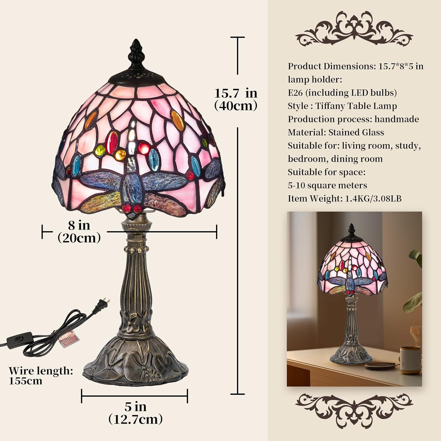 Tiffany Table Lamp,3 Color-Temperature Dragonfly Stained Glass Lamp,8 Inch Tiffany Style Lamp for Bedroom Living Room Home, Handcrafted Light, Included Bulb (Pink)