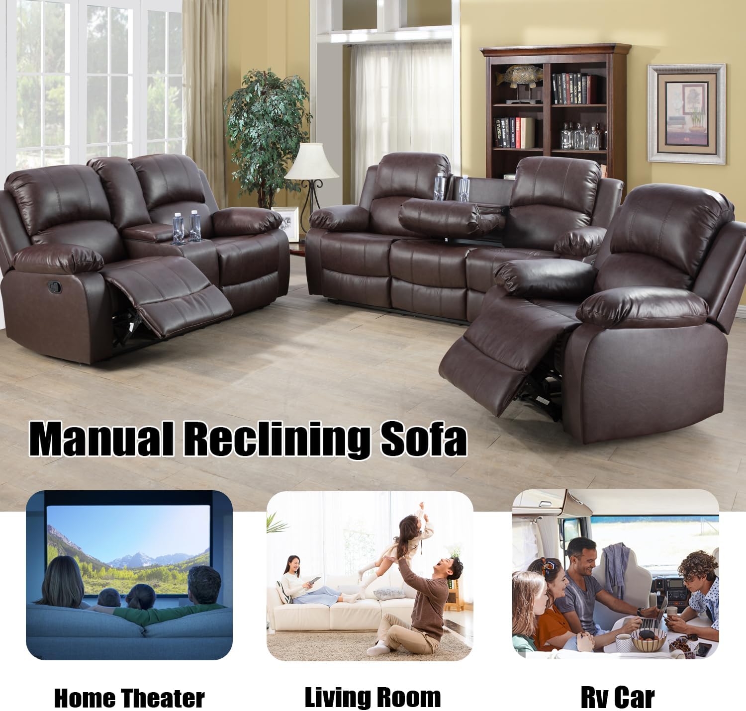 Manual Leather Recliner Sofa Set for Living Room Furniture SetsReclining Couch Set Leather Couch Set for Living Room/Lounge/Club/Apartment(BrownSofa+Loveseat+Chair)
