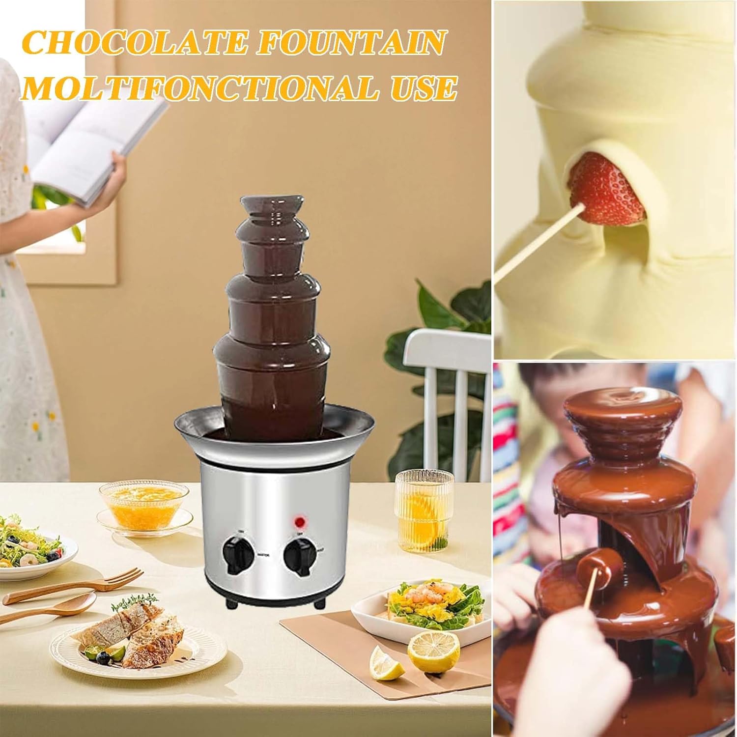 Electric Chocolate Fondue Fountain, 4 Tiers Chocolate Fountain, Chocolate Warm Dipping Machine Warmer, Stainless Steel Cascading Fondue, for Cheese, Fruit, BBQ Sauce, Liqueurs