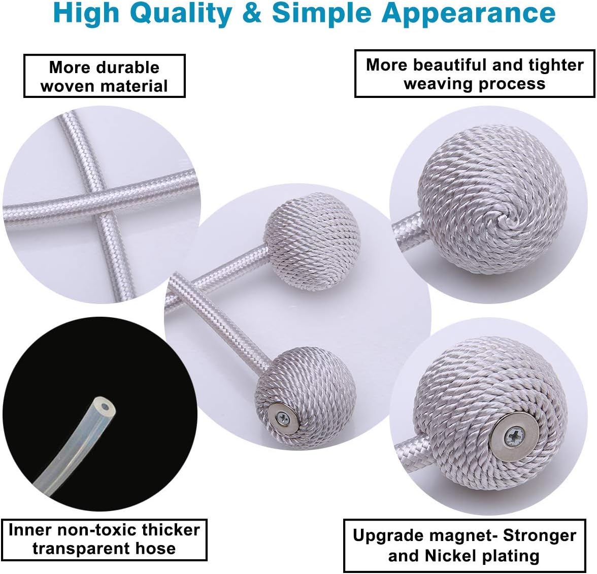 Curtain Tiebacks Magnetic, Decorative Curtain Holdbacks for Window Décor, Grey Sliver (Pack of 8)