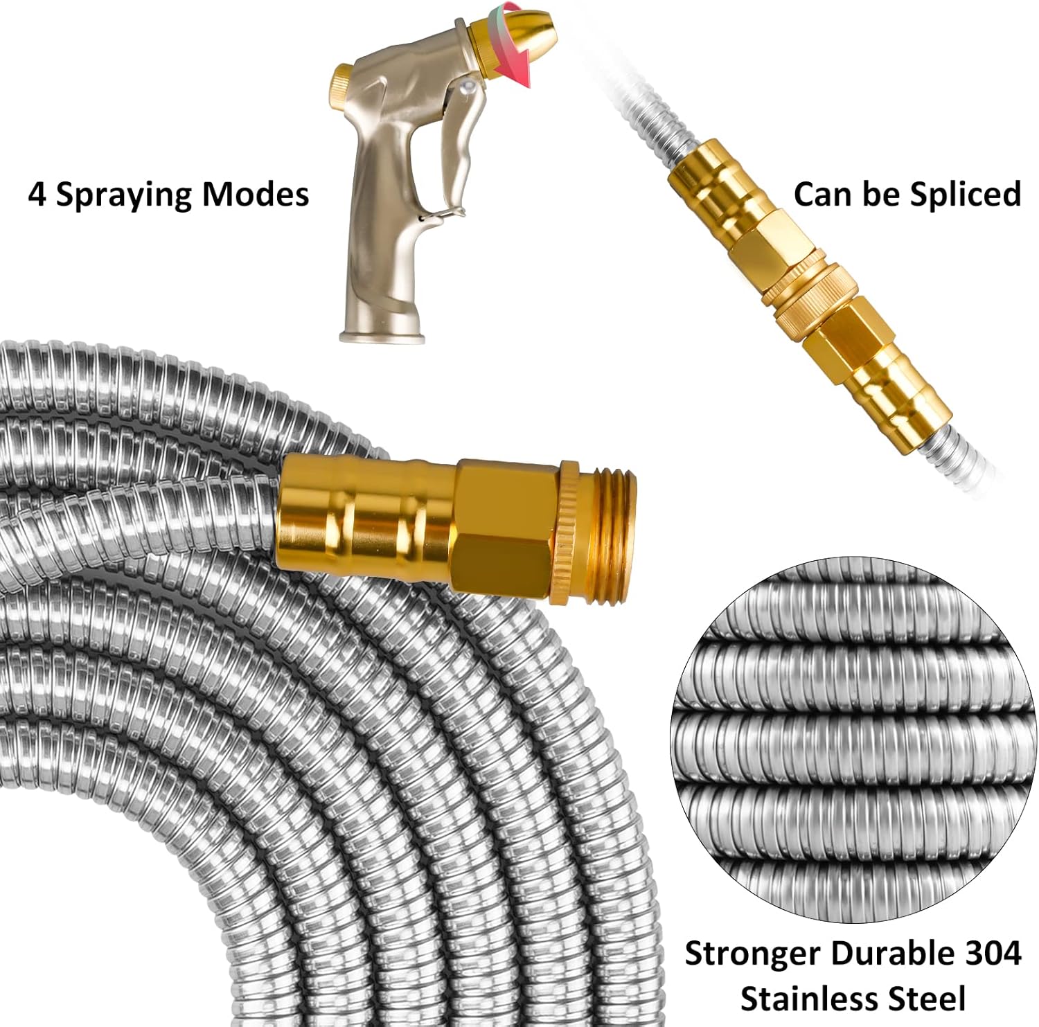 125ft Garden Hose Made by Metal with Super Tough and Soft Water Hose, Household Stainless Steel Hose, Durable Mighty Garden Hose with 4 Spraying Modes Adjustable Nozzle, No Kinks and Tangles