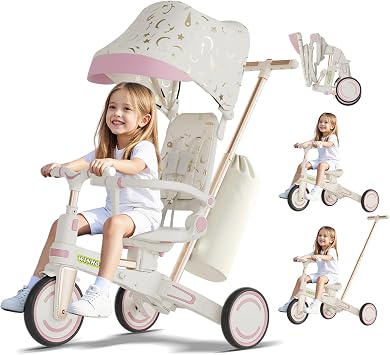 WinHope 9-in-1 Push Tricycle for Toddlers 1-3 Years, Convertible Kids Trike with Push Handle & Safety Belt, One-Client Foldable Design + Storage Basket, Birthday Gift and Toy for Boys and GirlsPink