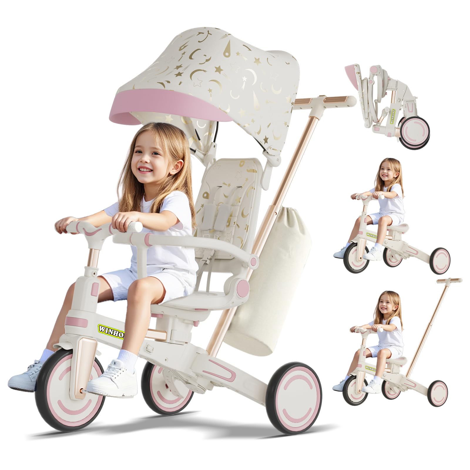 winhope 9-in-1 push tricycle for toddlers 1-3 years, convertible kids trike with push handle & safety belt, one-client foldable design + storage basket, birthday gift and toy for boys and girls(pink)