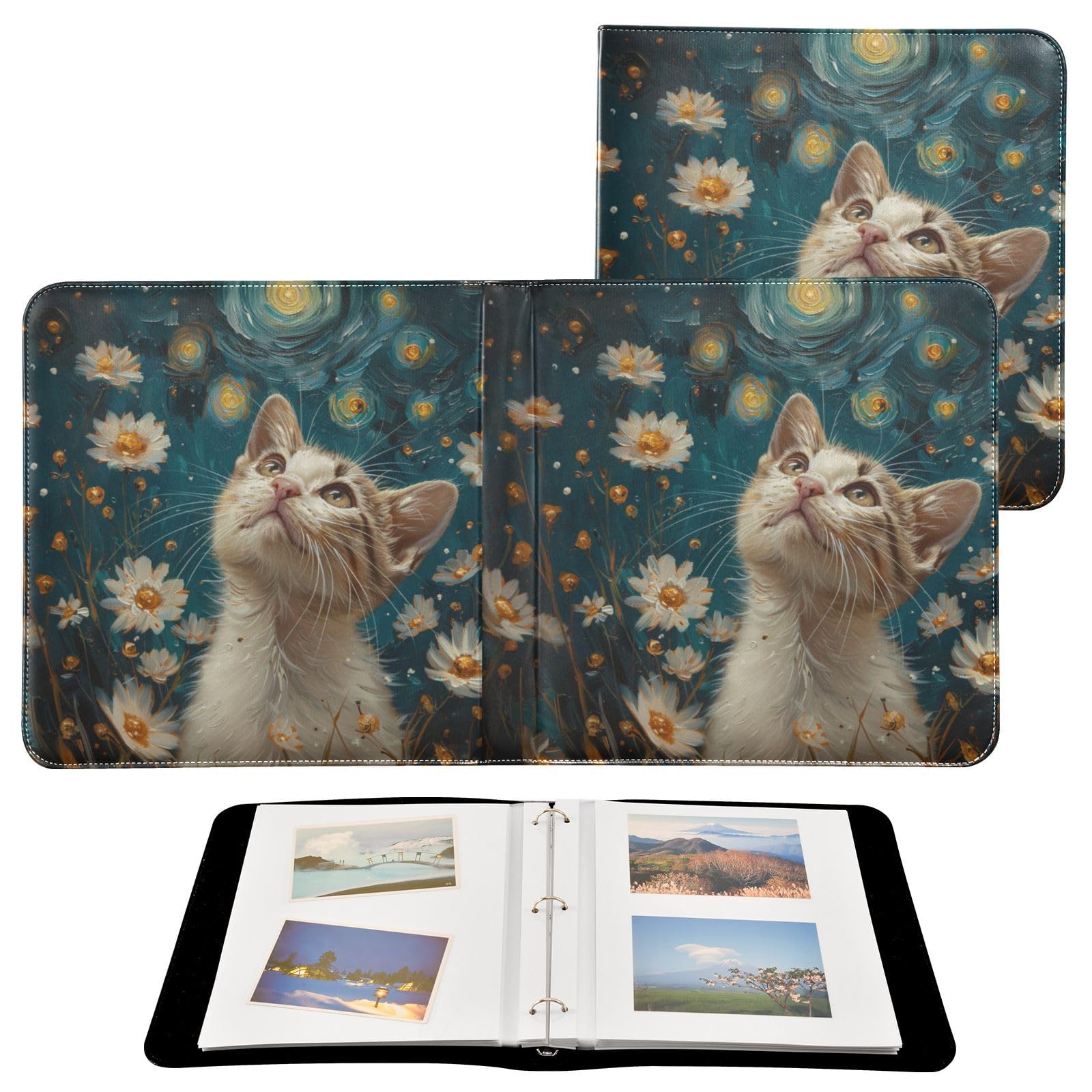 JIPONI Cat Van Gogh Daisy Large Photo Album, DIY Leather Cover Scrapbook Albums for 4x6 5x7 6x8 Pictures, Self Adhesive Memory Book for Wedding, Baby, Family