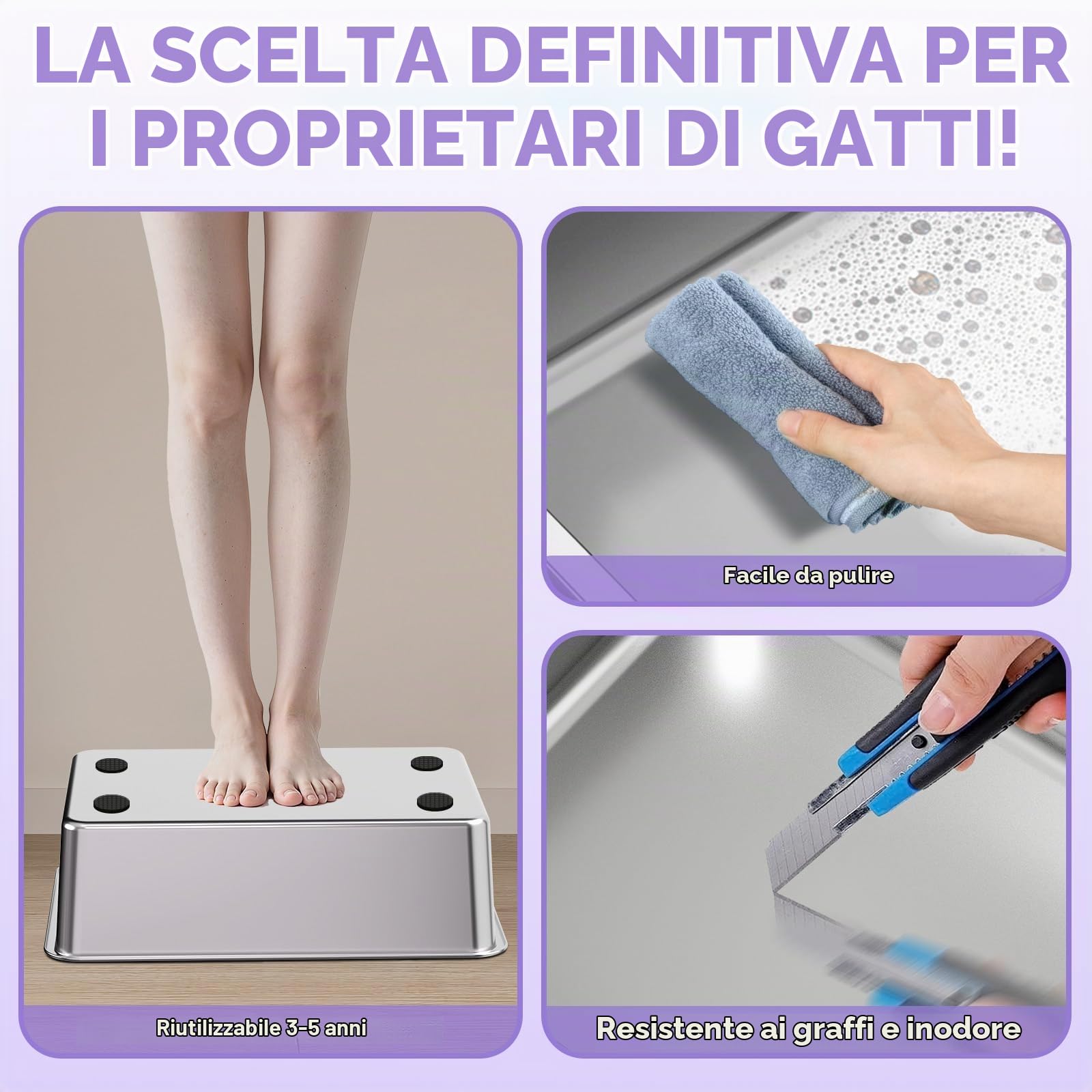 XXXL Lettiera per gatti in acciaio inox, bordo alto, 70 × 50 × 30 cm, inodore, nessuna perdita di urina, antiaderente, facile da pulire, in acciaio inox per gatti di grandi dimensioni, più gatti nero