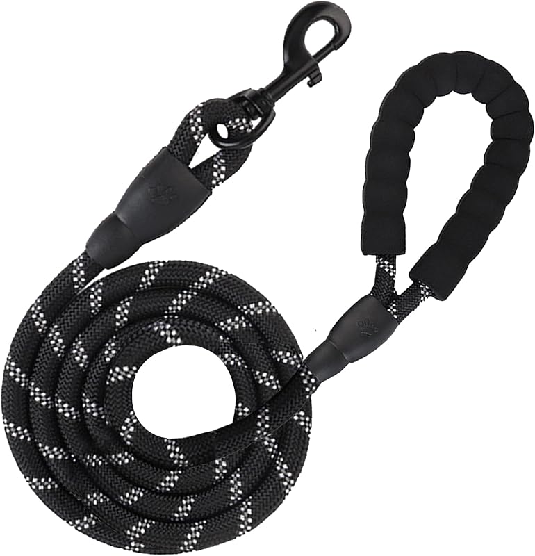 61-inch Nylon Dog Rope Leash, Large Dog Training Tool with Padded Handle & Heavy-Duty Metal Clasp, Reflective, Lightweight & Travel-Friendly for Medium, and Large Dogs, Black
