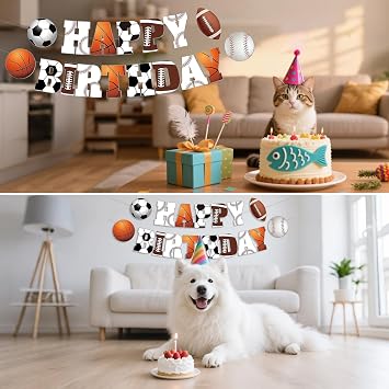 Birthday Decorations, Happy Birthday Banner Sign with Basketball Baseball Rugby Football, Lovely Happy Birthday Party Decorations for Boys Girls Kids