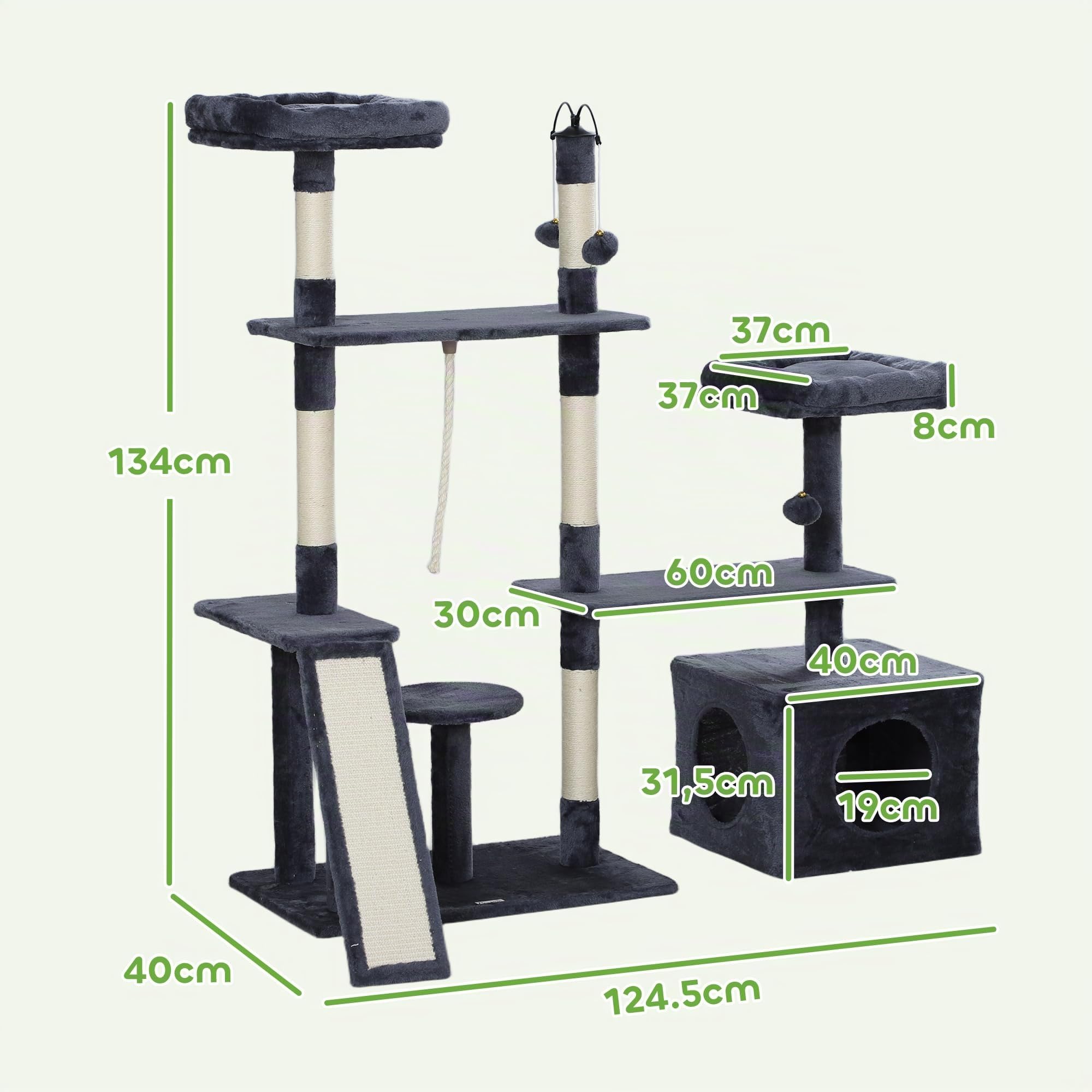 PawHut Árbol Rascador para Gatos 134 cm, Torre para Gatos Gris Oscuro | Rascador con Nidos Cueva, Plataformas, Bolas de Juguete, Postes de Sisal