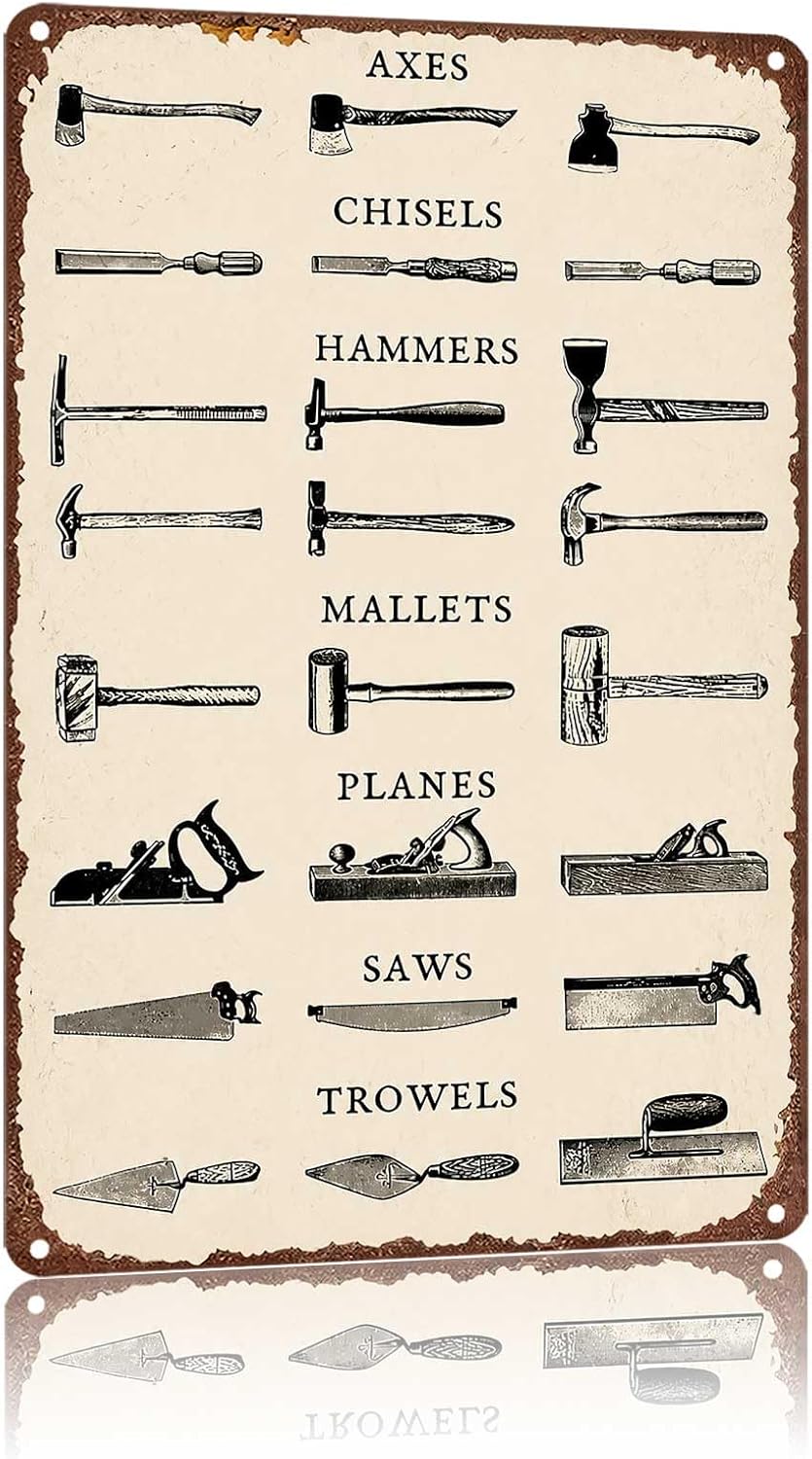 Vintage Woodworking Tools Illustration Metal Tin Sign, Retro Garage