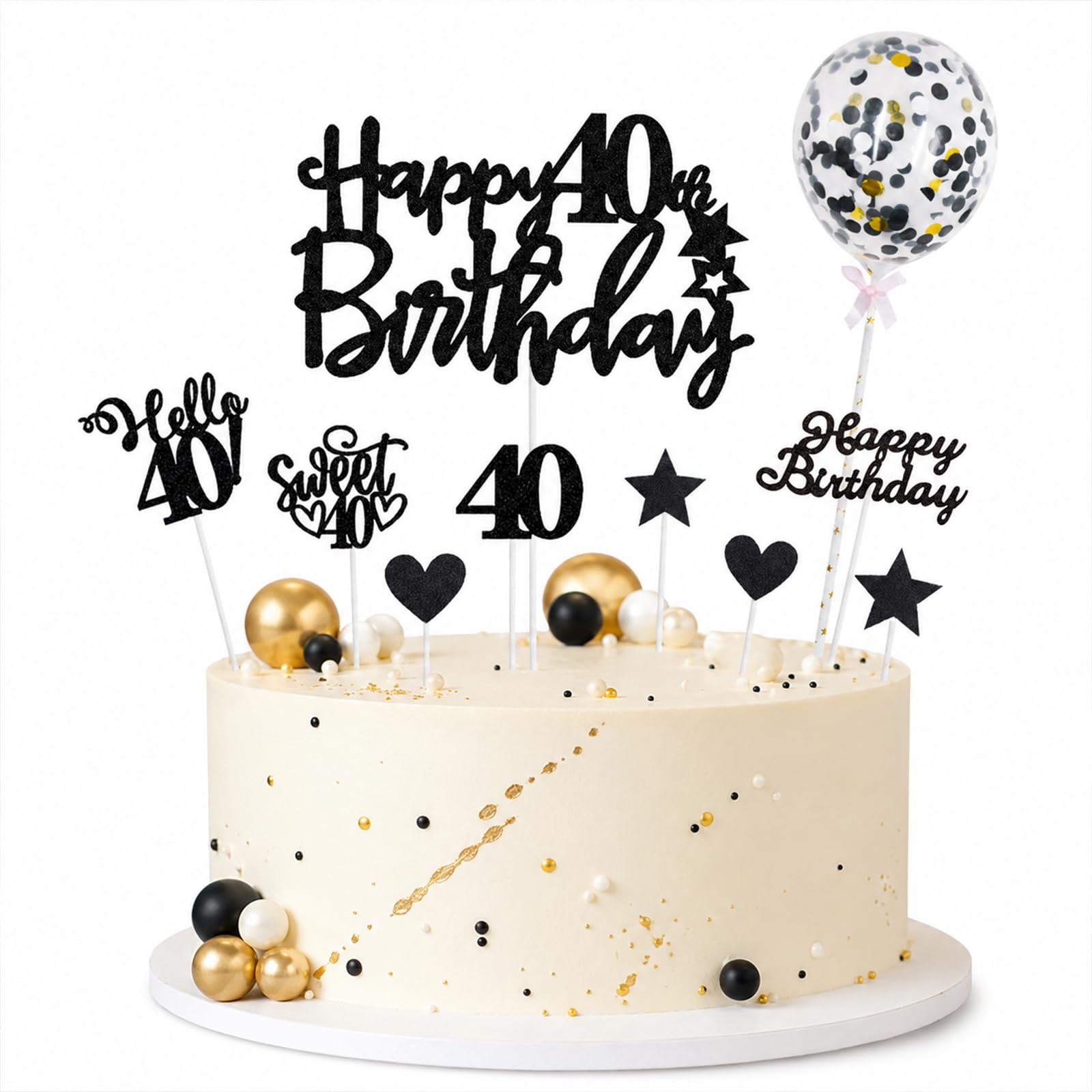 ALLAVA Happy 40th Birthday Cake Topper, 10 Pcs Glitter Happy 40th Birthday Cake Decorations, Black 40 Cupcake Toppers for Women and Men, 40 Birthday Party Supplies